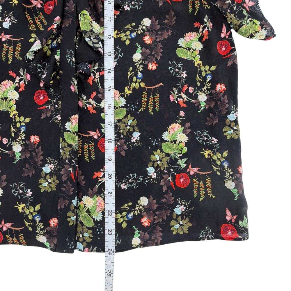 ALICE+OLIVIA Floral Ruffle Blouse in Blush Kiss Black S - Picture 9 of 9